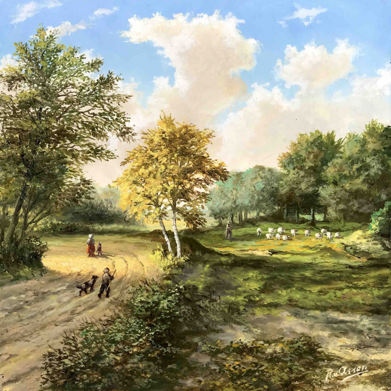 Herder en wandelaars in zomerlandschap