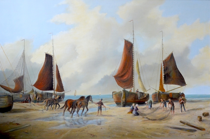 Bomschuiten met paarden op het strand