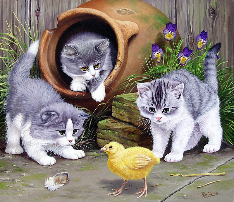 Drie jonge katjes met kuiken